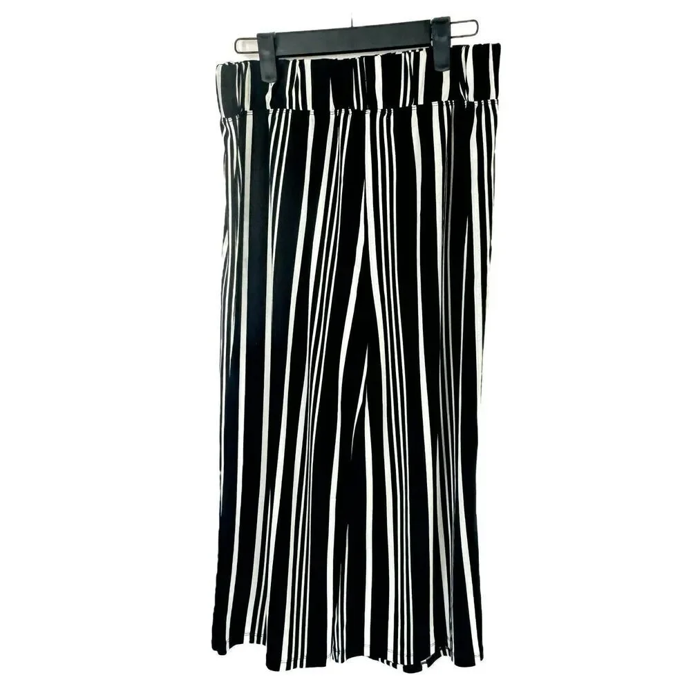 French Laundry Wide Leg Cropped Pants M Black & White Striped Elastic Waist